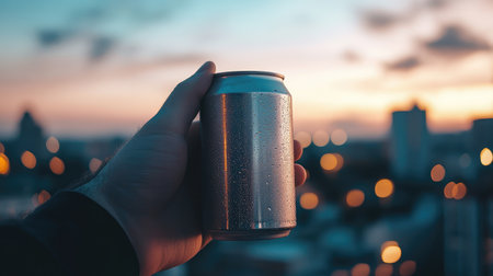 A male hand holding an aluminum can during a rooftop party at dusk, city lights in the background.の素材