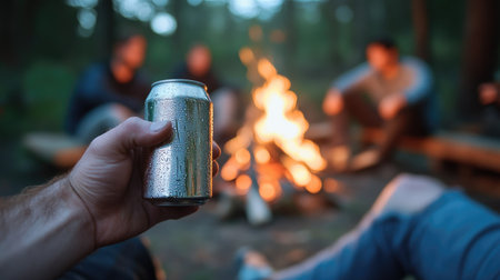 A man's hand holding a cold can of beer while sitting around a campfire with friends.の素材