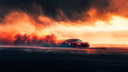 A lone drift car creating a dramatic smoke plume as it drifts through an open racetrackの素材