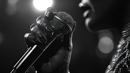 A close-up of a woman's hand gripping a microphone tightly during an emotional song performanceの素材