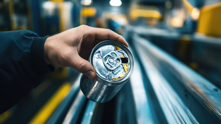 A male hand holding a dented aluminum can on a recycling conveyor belt.の素材