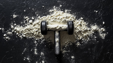 A creative shot of whey protein powder forming a shape of a dumbbell on a black countertopの素材