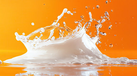 A splash of foam frozen mid-motion on a vibrant orange backgroundの素材
