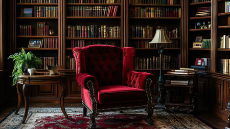 Red velvet chair with nailhead trim, set in a formal study room with bookshelves in the backgroundの素材
