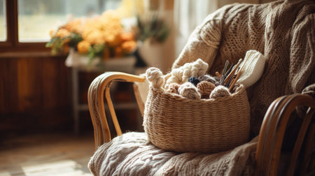 A square woven bag with knitting supplies placed on a cozy armchair in a rustic-themed living roomの素材