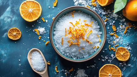 A vibrant photo of sea salt with dried orange peel in a bowl, a scoop, and citrus slices around.の素材