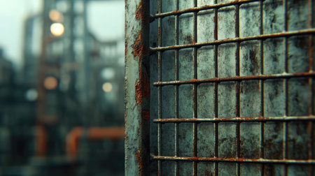 A weathered metallic grid fence, rust patches visible, with a blurred industrial backdropの素材