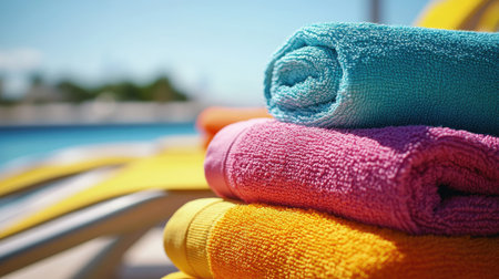 A vibrant set of pool towels folded and stacked on a lounge chair under a sunny sky.の素材