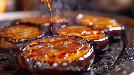 A sizzling close-up of eggplant slices on a hibachi grill, brushed with thick sweet miso sauceの素材