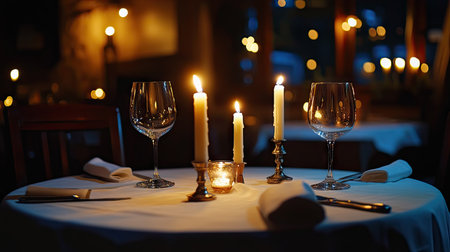 A beautifully arranged table with wine glasses and candles, creating a romantic and intimate dining experience perfect for couples celebrating love and special moments.の素材