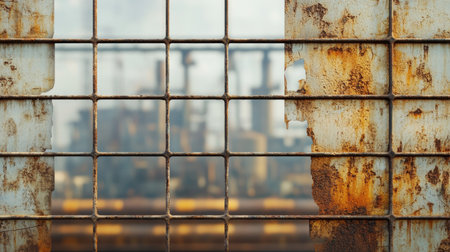 A weathered metallic grid fence, rust patches visible, with a blurred industrial backdropの素材