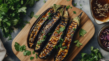 A minimalist kitchen counter with grilled eggplant drizzled with sweet miso sauce on a cutting board, surrounded by fresh ingredientsの素材