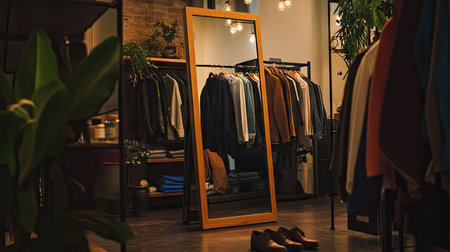 A tall standing mirror in a dressing room, reflecting racks of clothes and a pair of shoesの素材