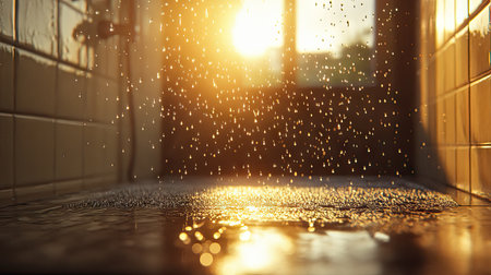 A wet shower door covered in tiny droplets, with sunlight filtering through.の素材