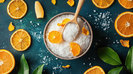 A vibrant photo of sea salt with dried orange peel in a bowl, a scoop, and citrus slices around.の素材
