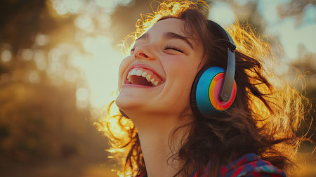 A woman wearing colorful wireless headphones and laughing outdoors on a breezy dayの素材