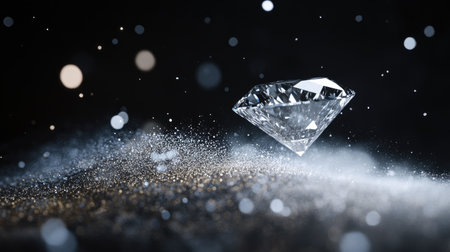 A minimalist composition with a diamond floating elegantly amidst scattered silver dust particles.の素材
