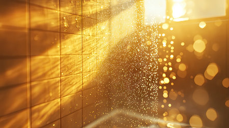 A wet shower door covered in tiny droplets, with sunlight filtering through.の素材