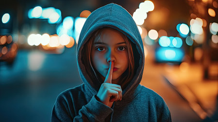 A young girl in a hoodie with her finger on her lips, standing under dim urban streetlightsの素材