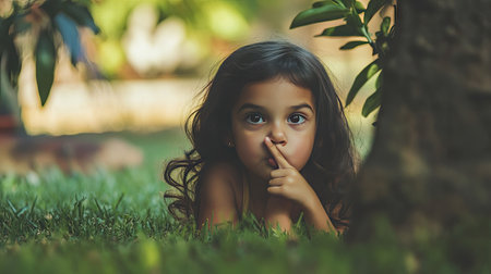 A young girl holding a finger to her lips while playing hide-and-seek in a backyardの素材