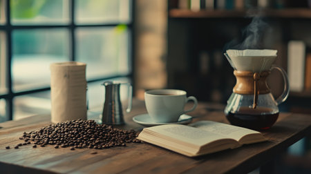 A serene afternoon coffee setup featuring drip equipment, a pile of beans, and a book on a wooden table.の素材