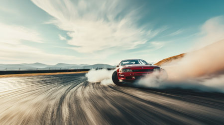 A wide shot of a drift car skidding across the track, smoke trailing dramatically into the horizonの素材