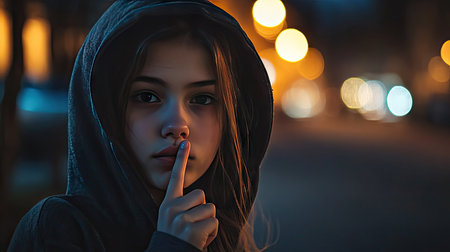 A young girl in a hoodie with her finger on her lips, standing under dim urban streetlightsの素材