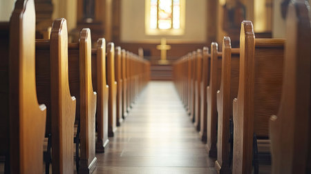 This tranquil image captures the interior of a church, showcasing rows of wooden pews that lead towards a sunlit altar, creating a warm and inviting atmosphere.の素材