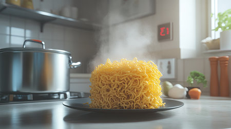 A serving of yellow dry noodles in a modern kitchen, with a pot of boiling water and a timer in the background.の素材