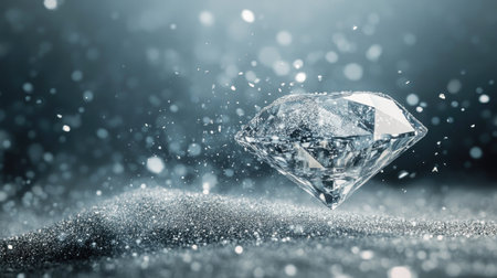 A minimalist composition with a diamond floating elegantly amidst scattered silver dust particles.の素材