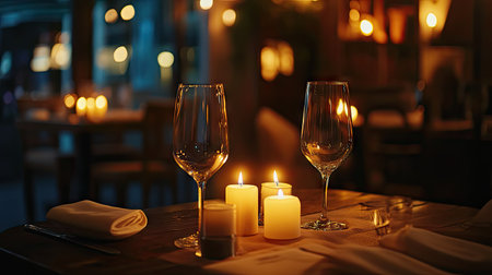 A beautifully arranged dinner table with elegant glassware and glowing candles creates a romantic atmosphere for special evenings, perfect for couples and gatherings.の素材