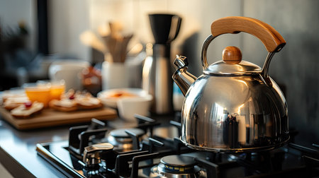 A shiny silver kettle with a wooden handle boiling on a gas stove, with a breakfast setup in the background.の素材