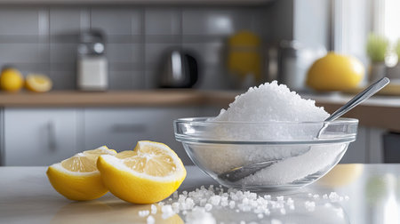 Brightly lit kitchen counter with a glass bowl of sea salt, a silver scoop, and lemon wedges.の素材
