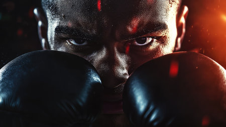 Boxer wearing gloves with clenched fists held close to face, intense stare forward. Lighting highlights the gloves and their determined look.の素材