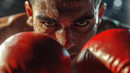Boxer with gloves raised in a defensive stance, close-up. Face shows intense focus, with background blurred to emphasize strength.の素材