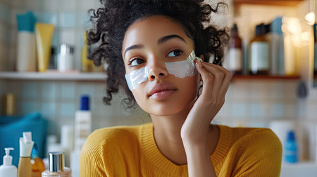 Close-up of a young woman with a facial sheet mask, applying serum to her neck, surrounded by skincare products on a bathroom counterの素材