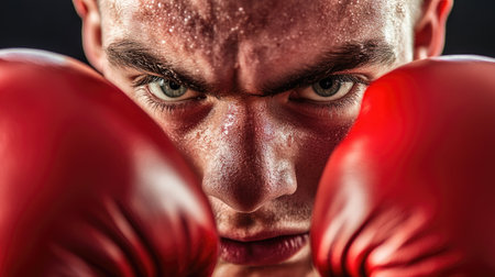 Boxer with gloves raised in a defensive stance, close-up. Face shows intense focus, with background blurred to emphasize strength.の素材