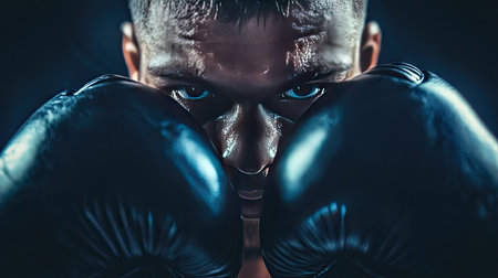 Boxer wearing gloves with clenched fists held close to face, intense stare forward. Lighting highlights the gloves and their determined look.の素材