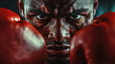 Close-up of boxer's intense gaze over the top of gloved fists, face showing sweat. Dramatic shadows highlight resilience and power.の素材