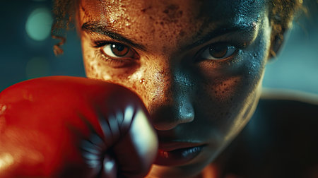 Boxer with one gloved fist raised near face, staring directly into the camera. Lighting highlights their serious, determined look.の素材