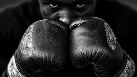 Close-up of boxer's hands in gloves, wrapping them tightly around each other. Face shows focus and determination. Dramatic shadows highlight strength.の素材