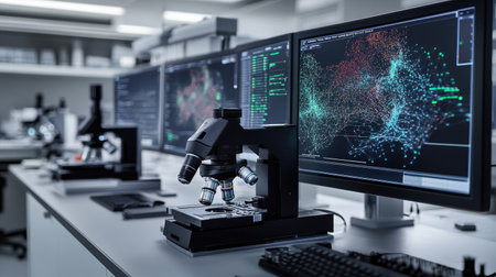Close-up of microscope lenses analyzing nanotechnology samples, with data visualizations on screens in a clean lab environmentの素材