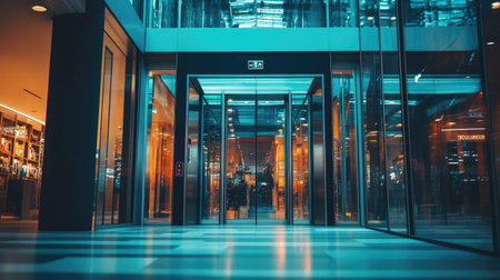 Glass-paneled elevator door in a modern shopping center, capturing surrounding decor and spacious feelの素材