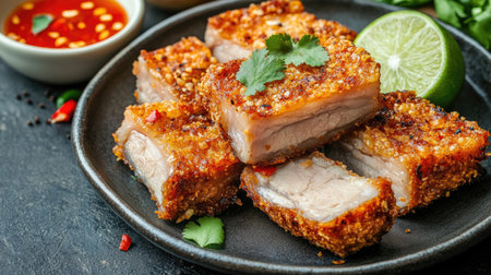 Golden pork belly pieces with a crispy crust, served on a plate with a zesty dipping sauce, alongside fresh lime and chili garnishの素材