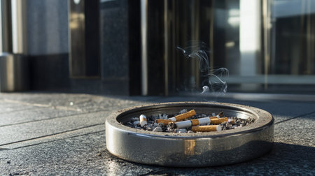 A metallic outdoor ashtray near a building entrance, filled with cigarette butts and ashの素材