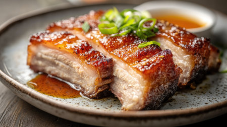 Close-up of crispy pork belly with a golden-brown crust, served on a plate with a tangy dipping sauce, and a garnish of sliced green onionsの素材