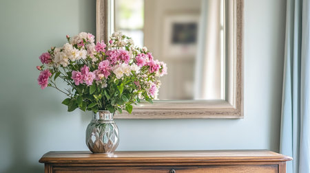 A mirror mounted above a dresser, capturing the reflection of a neatly arranged vase with flowersの素材