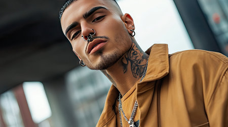 A man wearing a sleek eyebrow barbell and matching nose hoop, styled with casual urban clothing.の素材