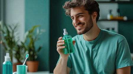 A man in casual wear holding a bottle of mouthwash, ready to pour into a cap, with a toothbrush nearby.の素材