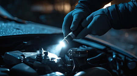 A person's hand holding a flashlight, shining it into a car engine at night.の素材